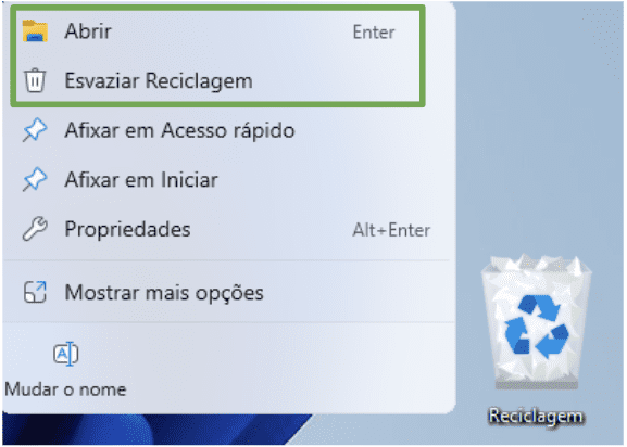 Windows 11 dropdown menu with the options to open the Recycle Bin and empty it highlighted.