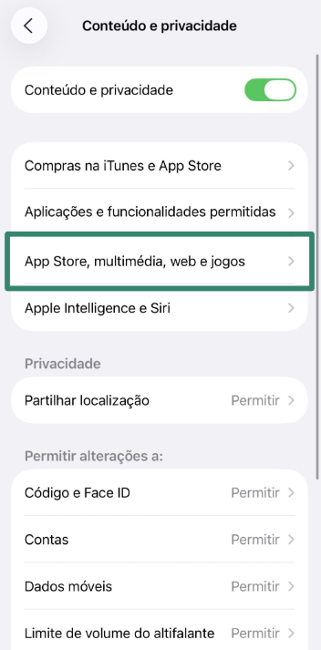 App Store, Media, Web & Games restrictions menu on iPhone.