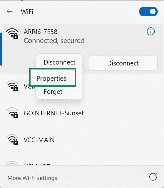 Windows' screen showing internet connections with the Properties option on the connected network highlighted.