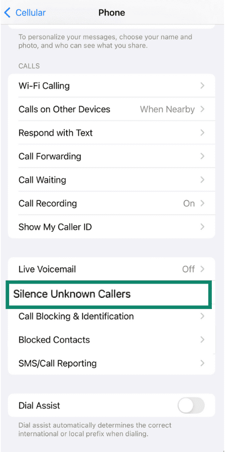iPhone's phone settings with the “Silence Unknown Callers” option highlighted.
