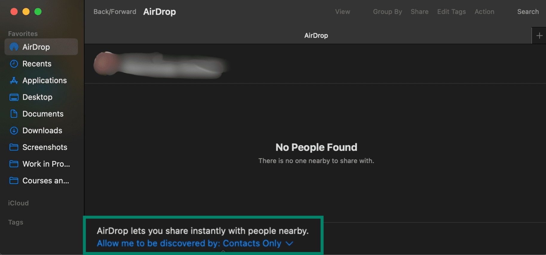 AirDrop menu with visibility settings highlighted.