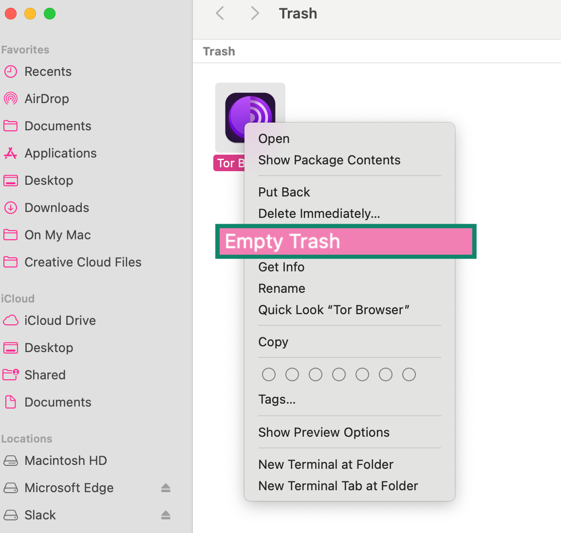 Right-click menu showing