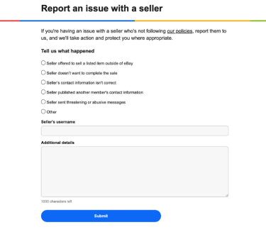 Details to report a seller on eBay.