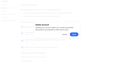 Quora account deletion warning.