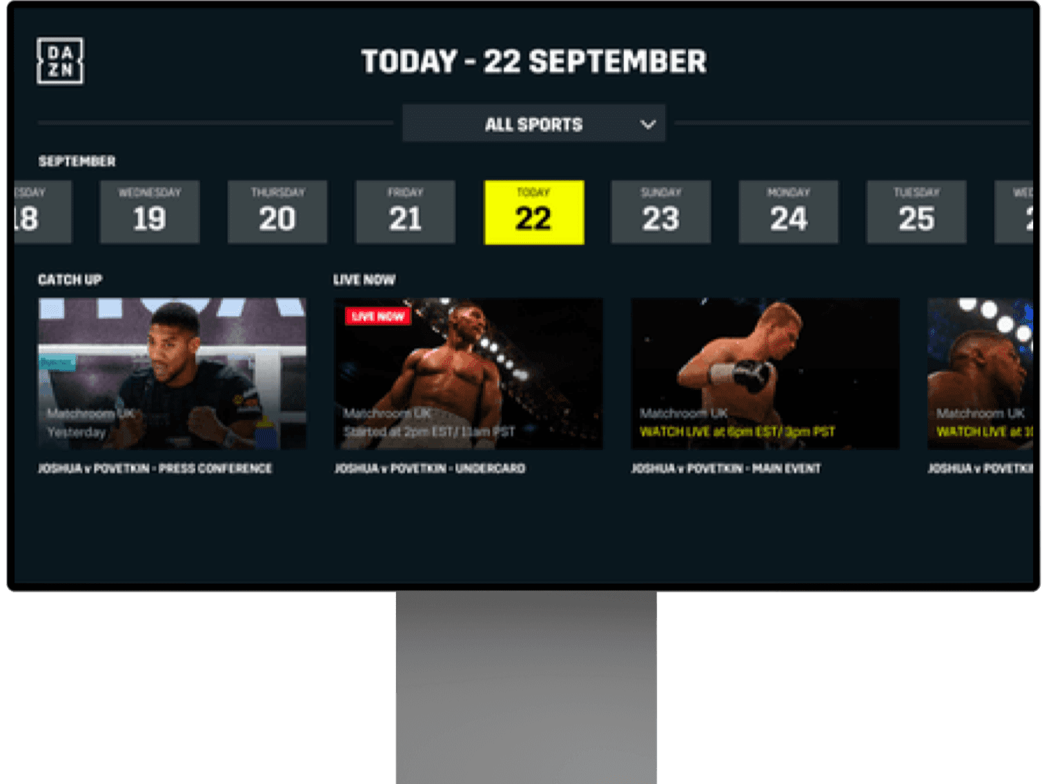 Dazn på en computerskærm.