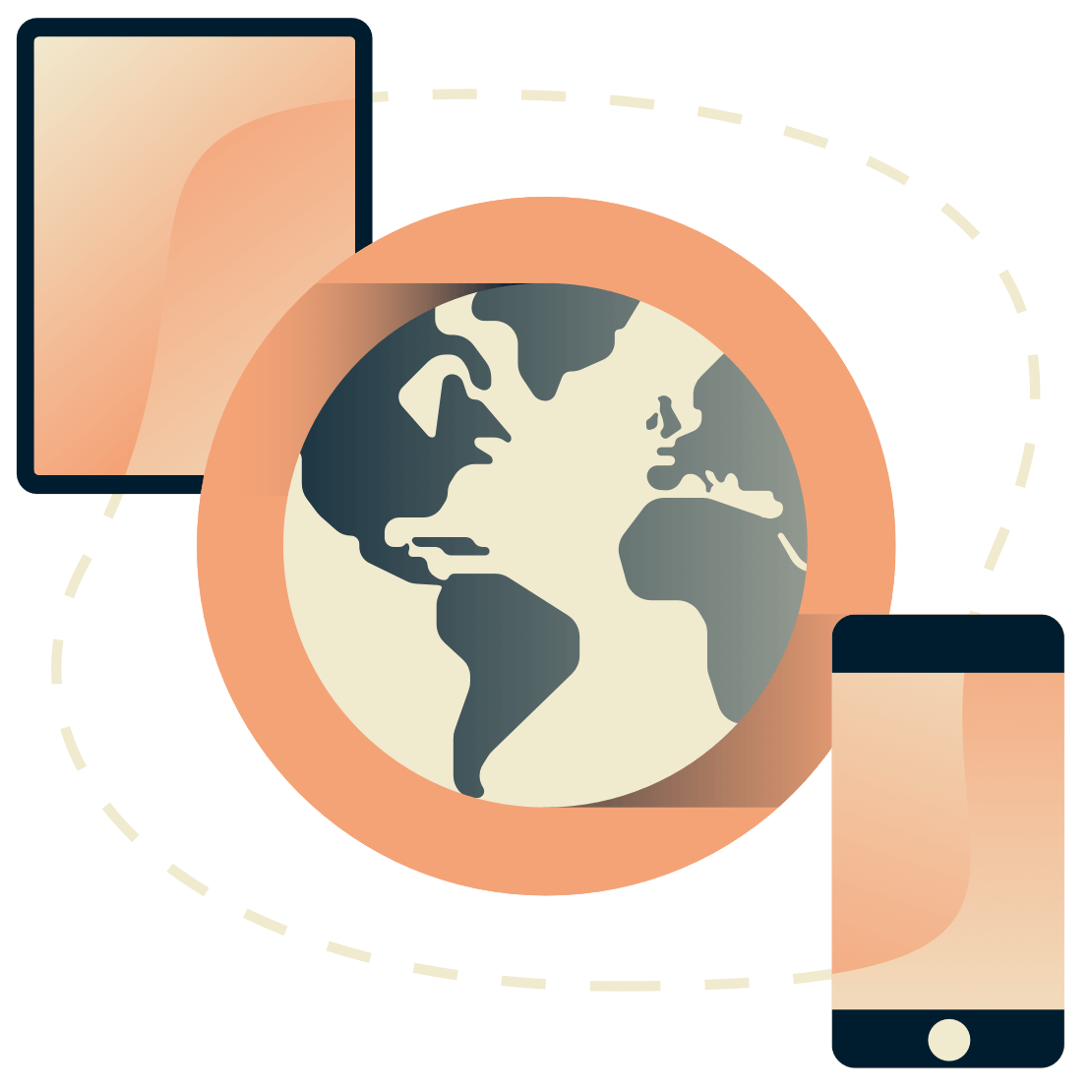 Tablette et téléphone entourant un globe terrestre.