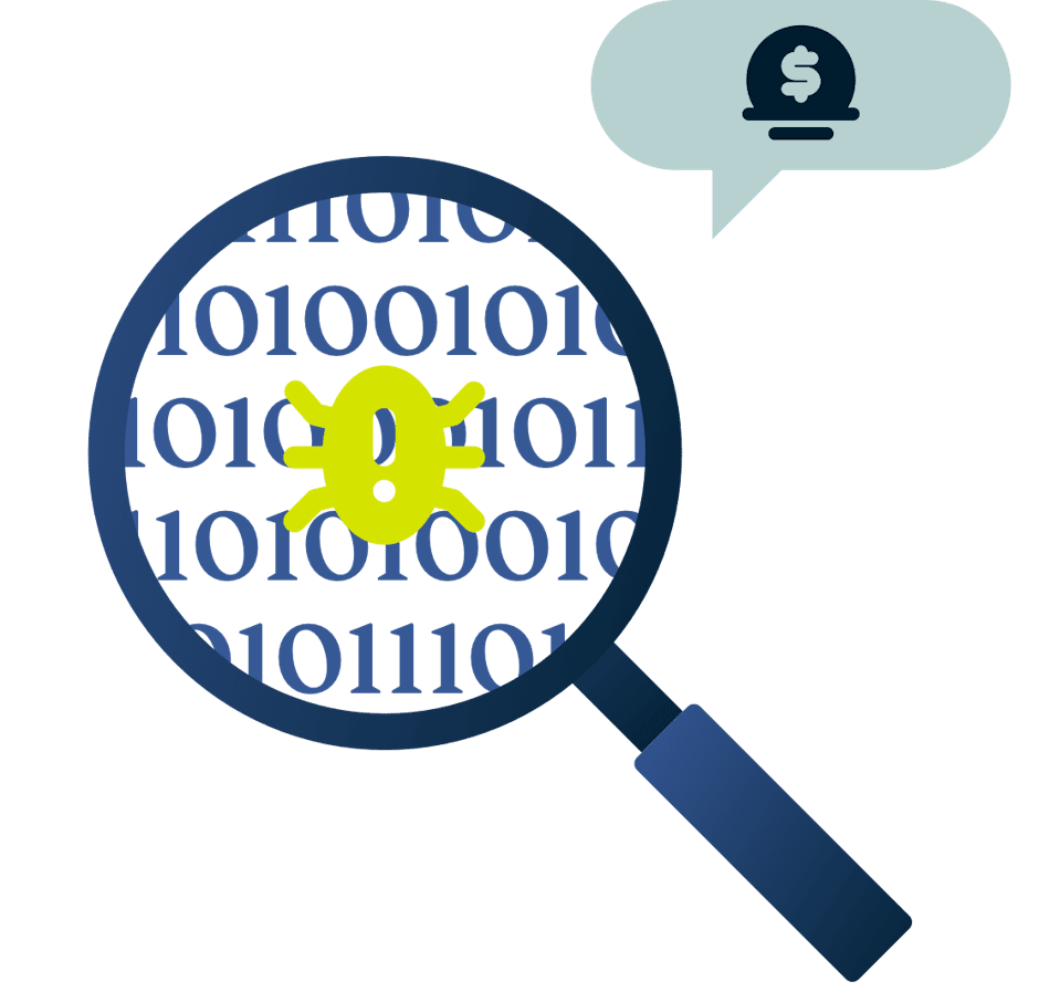 Una lupa con un insecto ("bug") y un símbolo de recompensa.